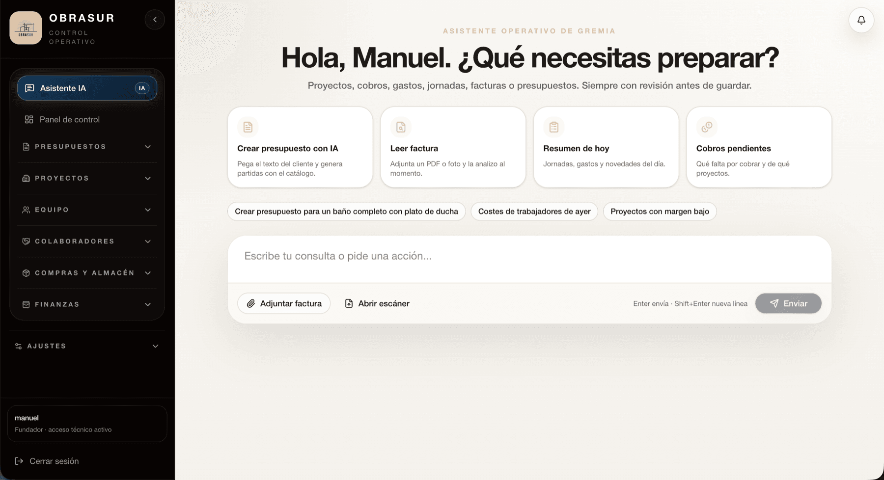 Asistente IA operativo de GremIA con acciones de presupuesto, factura, resumen y cobros