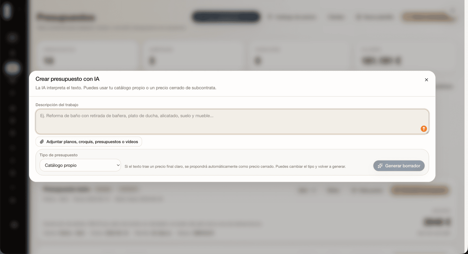 Modal para crear presupuesto con IA desde descripción, archivos y catálogo propio