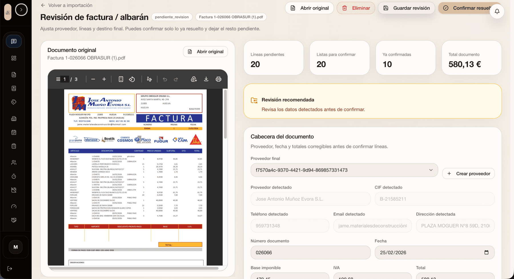 Pantalla de revisión de factura y albarán con OCR, proveedor, líneas y total