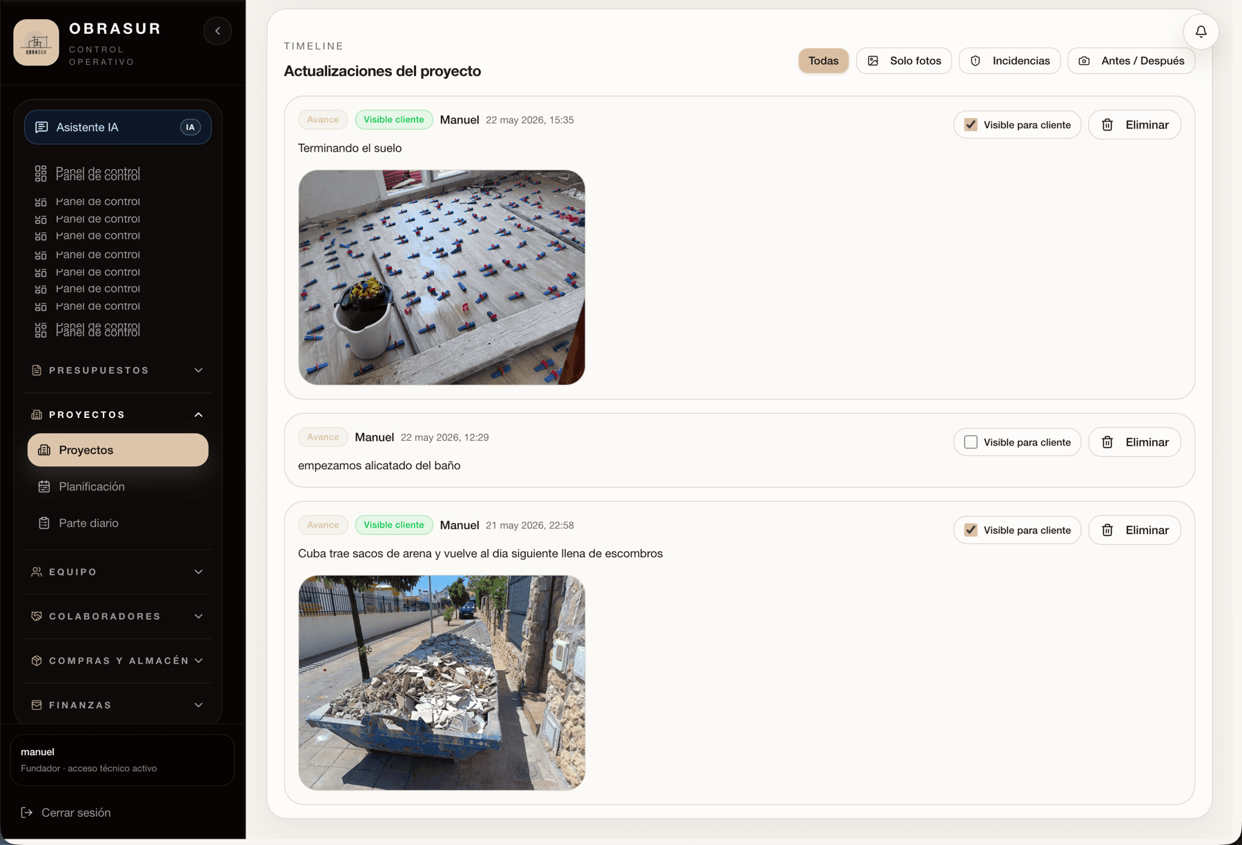 Actualizaciones de obra con fotos y selector de visibilidad para cliente