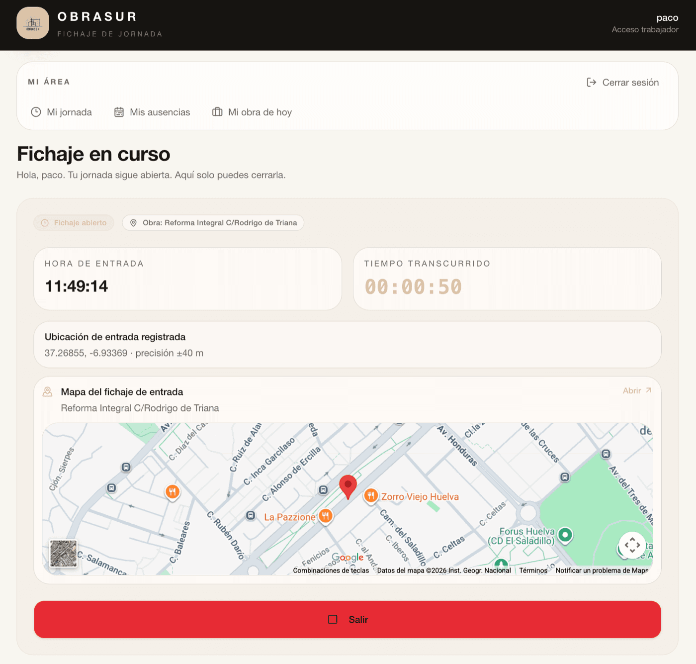 Fichaje en curso con mapa de geolocalización