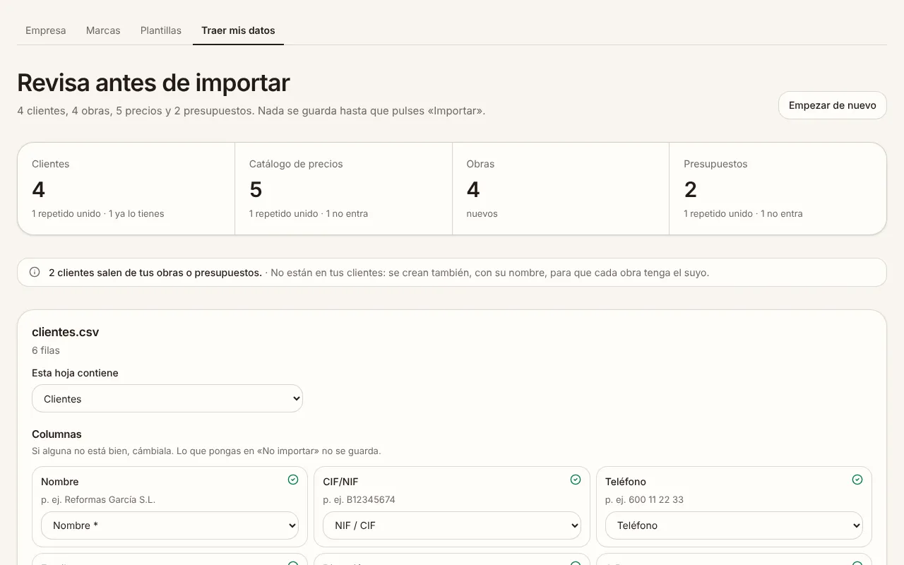 Pantalla de GremIA para revisar una importación: clientes, precios, obras y presupuestos detectados en los Excel subidos
