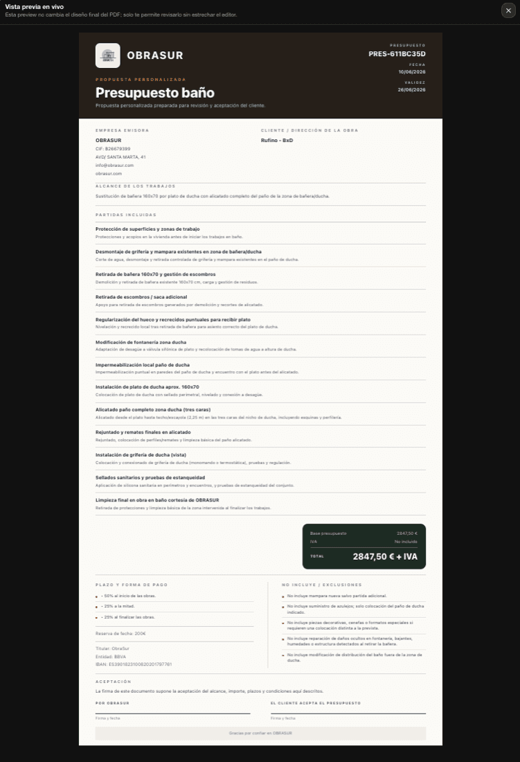 Presupuesto PDF profesional generado con GremIA